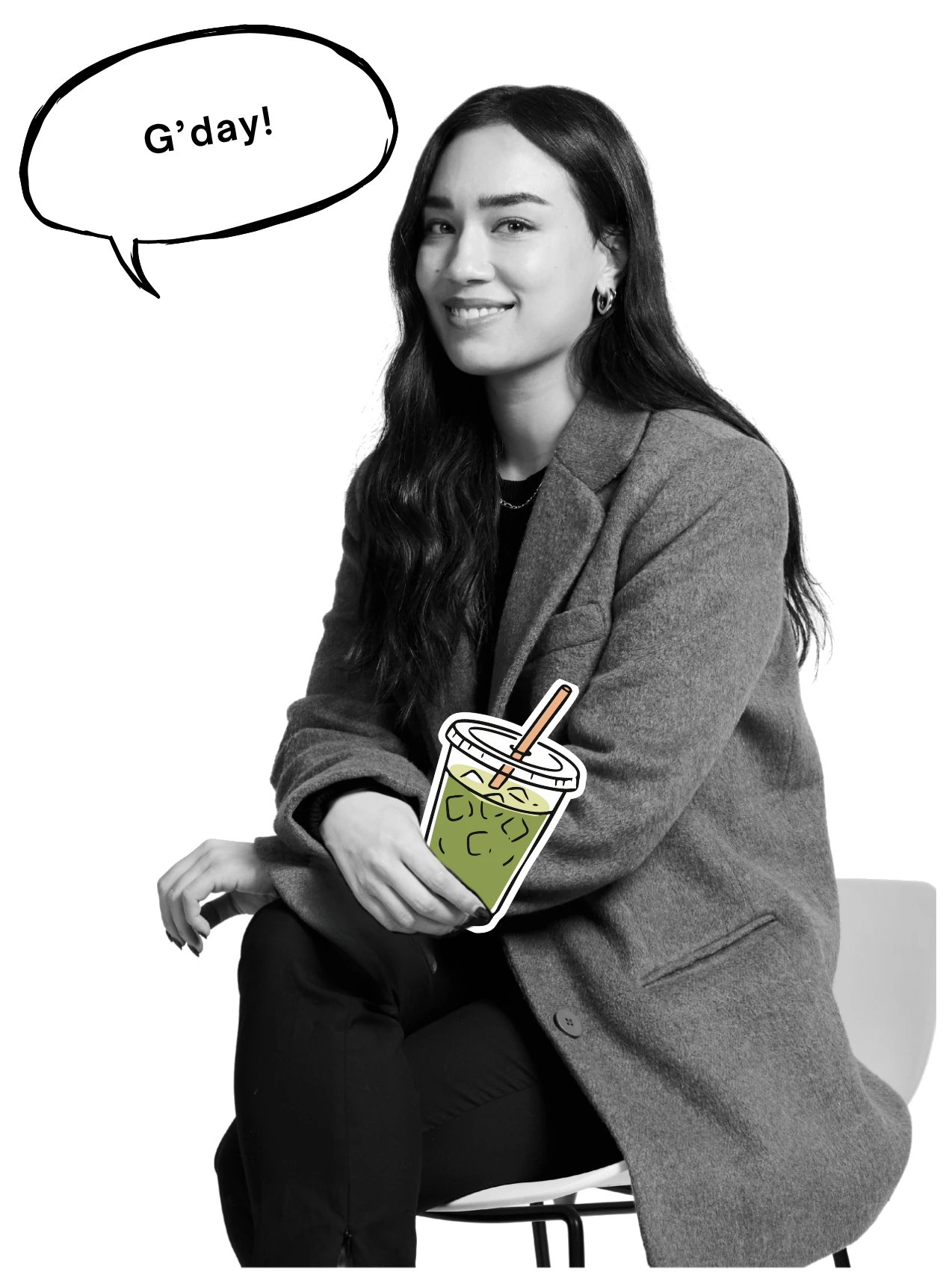 Christina Lawson sitting on a chair holding an iced matcha, smiling, with a speech bubble saying G'day!